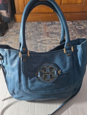 Tory Burch Blue Leather Tote Handbag with Gold Logo Accent